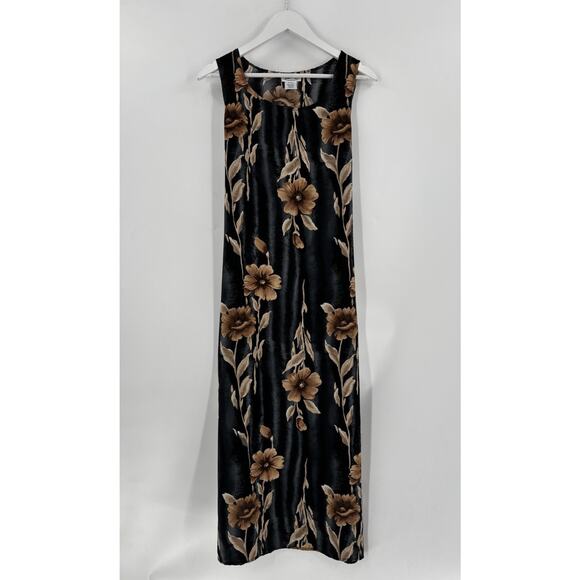 Rolling Over Vintage Maxi Dress Womens Large Black Beige Floral Sleeveless Belt - Picture 1 of 15